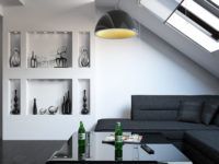 בעליית הגג קל להכין סלון מן המניין. מיקום הרהיטים מותאם תוך התחשבות בגובה התקרות בפועל. כדי להחשיך את החלונות, השתמש בתריסים מיוחדים עם מדריכים המחזיקים את הבד